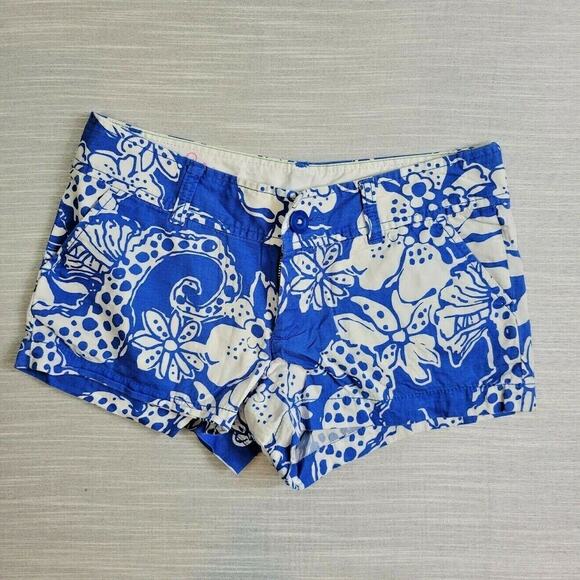 Lilly Pulitzer Fair Isle Shorts 0 Blue White Tropical Floral 2" Inseam Summer - Picture 1 of 6